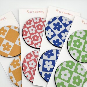 Smiley Daisy Car Coasters: Neoprene Floral Cup Holder Coasters (Set of 2)