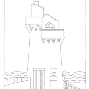 Puede incluir: Un dibujo en blanco y negro de una torre con una puerta y una valla. La torre tiene una pequeña ventana y un techo plano. El texto "The Rhenish Tower, Lynnmouth" está en la parte inferior de la imagen.