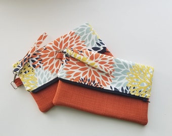 Orange mum fold over purse/ flower clutch/  floral fold over purse/ fold over clutch/ bridesmaid clutch/gift for her