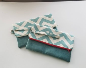 blue chevron fold over purse/ velvet clutch/ aqua and cream fold over purse/ fold over clutch/ bridesmaid clutch/gift for her