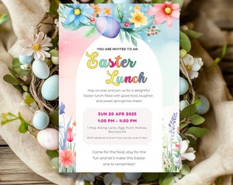 Easter Lunch Brunch Invitation Template | Easter Party Invite | Editable Canva template | Easter Egg Hunt | Digital Download | Invite 5 x 7"