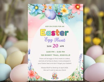 Easter Egg Hunt Invitation Template | Easter Party Invite | Editable Canva template | Easter lunch brunch | Digital Download | Invite 5 x 7"