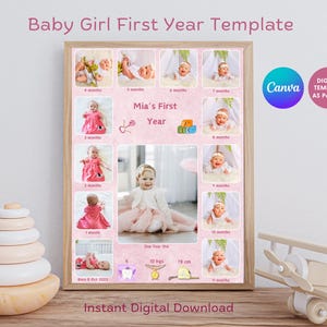 Modello per il primo anno di vita di una neonata / tappe fondamentali del bambino / foto da parete / decorazioni per la cameretta dei bambini / un anno / regalo ricordo / modello digitale Canva