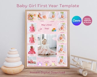 Baby Girl First Year Photo Collage Template | Canva A3 (Digital Download)