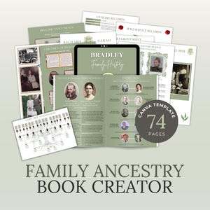 May include: A collection of 74 pages for a family ancestry book creator template, featuring sage green and white layouts with historical documents, family tree charts, ancestor profiles, and vintage photographs, all organized for genealogy documentation.