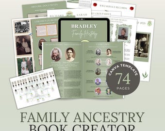 Może przedstawiać: Zbiór 74 stron szablonu do tworzenia księgi genealogicznej rodziny, z układami w kolorze szałwiowej zieleni i bieli, zawierającymi dokumenty historyczne, wykresy drzew genealogicznych, profile przodków oraz zdjęcia archiwalne.