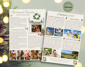 Cozy Christmas Family Newsletter Template | Canva printable holiday greetings with photos | Editable Year in Review letter
