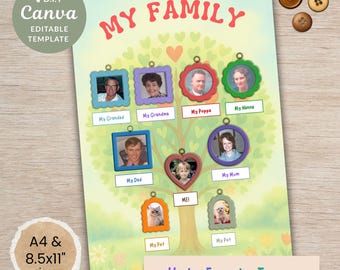 Kids Family Tree Canva Template – customizable printable photo chart (A4 & US Letter sizes)