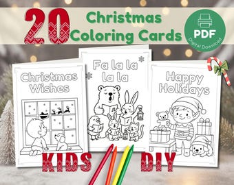 Kids DIY Christmas Coloring Cards - 20 printable designs in foldable format (PDF download)
