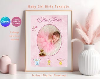 Baby Girl Birth Announcement Poster | Canva Template (Digital Download)