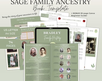 Sage Family Ancestry Book Template | Canva Editable Family Tree | Genealogy Research Forms | Printable Genealogy Keepsake | Family History