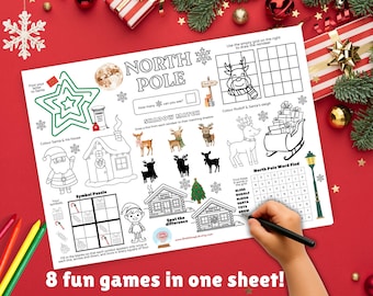Kids Christmas Activity Sheet | North Pole-themed Printable Games and Puzzles | Holiday Coloring & Word Search Page | Instant PDF
