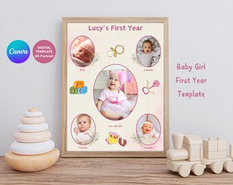Baby Girl First Year Photo Collage | Nursery Decor (Digital Canva Template)