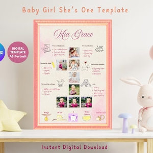 Bambina, lei ha un modello / primo compleanno / foto da parete / arredamento per la cameretta dei bambini / un anno / regalo ricordo / modello digitale Canva