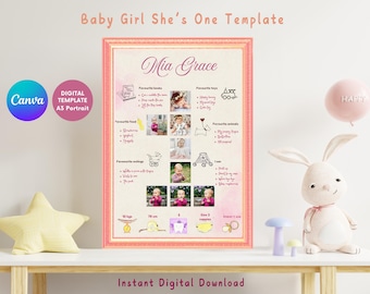 Baby Girl First Birthday Photo Collage Template (Digital Download)