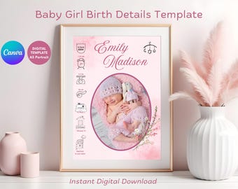 Baby Girl Birth Details Template | Nursery Decor (Digital Canva Template)