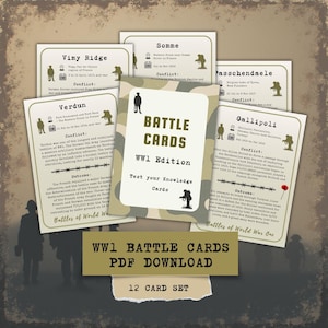Könnte beinhalten: Ein Satz von Weltkrieg I-Kampfkarten, die Konflikte wie Vimy Ridge, Verdun und Gallipoli darstellen. Die zentrale Karte zeigt "BATTLE CARDS WW1 Edition". Ein Banner unten lautet "WW1 BATTLE CARDS PDF DOWNLOAD". Das Set enthält 12 Karten.