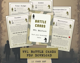 WW1 History Card Game – Learn and Quiz with 12 Key Battle Flashcards + Game Instructions | A4 & US Letter PDF Instant Download