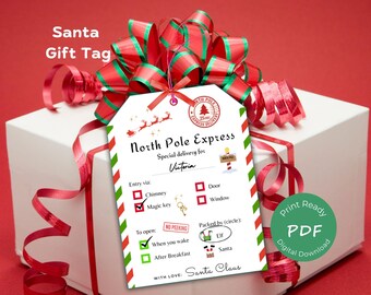 Santa Gift Tag Printable – Large Christmas Tags for Kids, North Pole express delivery label, Digital Download