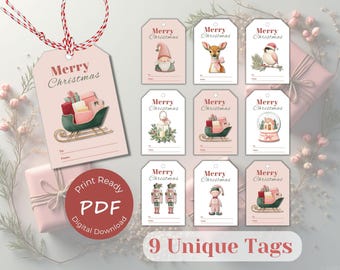 Pretty Pink Christmas Gift Tags – Set of nine printable present labels | Instant PDF Download (A4 & US Letter)