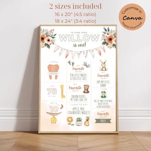 Modèle de toile de jalon du premier anniversaire | Signe de statistiques d'anniversaire modifiable | Poster imprimable première année | Boho animaux mignons | Téléchargement instantané