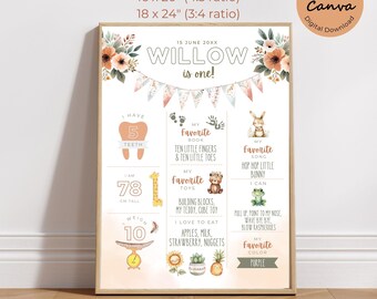 Boho First Birthday Milestone Poster | Editable Stats Sign (Digital Download)