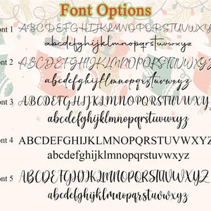以下が含まれることがあります： 5つのフォントオプションを示す画像。各オプションは、大文字と小文字のアルファベットを表示しています。「Font Options」の文字が上部にあります。フォントは、エレガントなスクリプトから、よりクラシックなブロックレターのデザインまで様々です。背景にはクリスマスの靴下のイラストがあります。
