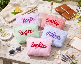 Custom Makeup Bag, Personalized Cosmetic Pouch, Seersucker Embroidered Bags, Travel Toiletry Bag, Bridesmaid Gift