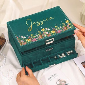 Custom Large Jewelry Box: Personalized Velvet Jewelry Storage Organizer, Gift for Her