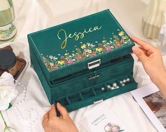 Custom Large Jewelry Box,Personalized Jewelry Storage Organizer,Women Velvet Jewelry Organizer with Drawer,Christmas gifts,Gift for Her