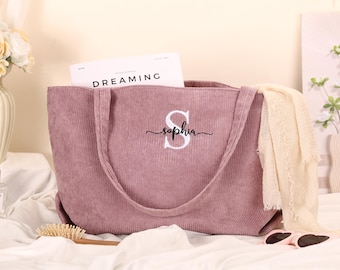 Personalized Corduroy Tote Bag, Embroidered Custom Name, Bridesmaid Gift