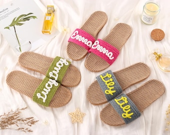 Personalized Bridesmaid Slippers, Custom Name Straw Slides, Summer Linen Beach Sandals, Bachelorette Party Favors
