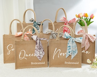 Personalized Burlap Bridesmaid Bag: Jute Tote with Scarf