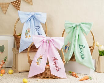 Personalized Easter Basket Bow, Seersucker Embroidered Peter Rabbit Baskets Tag, Baby First Easter Gift