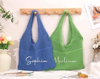 Personalized Crochet Tote Bag: Embroidered Cotton Knit Beach Bag