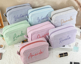 Custom Embroidered Seersucker Cosmetic Bag: Personalized Makeup Travel Bag