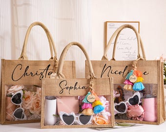 Personalized Burlap Tote Bag,Bridesmaid Gift Bags,Bridesmaid Proposal Gifts,Custom Jute Bag with Scarf,Beach Tote Bag,Bachelorette Party Bag