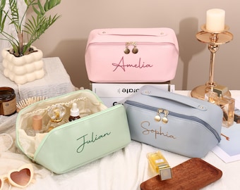 Personalized Makeup Bag: Custom Leather Embroidered Cosmetic Bags, Bride Toiletry Bag, Bridesmaid Gift