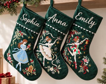 Personalized Christmas Stockings, Green Velvet Nutcracker Stocking, Family Embroidered Xmas Stockings, Christmas Mantel Decor
