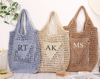 Personalized Raffia Beach Tote Bag: Custom Embroidered Straw Bag, Bridesmaid Gifts, Party Favors