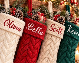 Personalized Christmas Stocking with Name, Custom Embroidered Cable Knit Christmas Stockings, Familyh Xmas Gifts, Holiday Fireplace Decor
