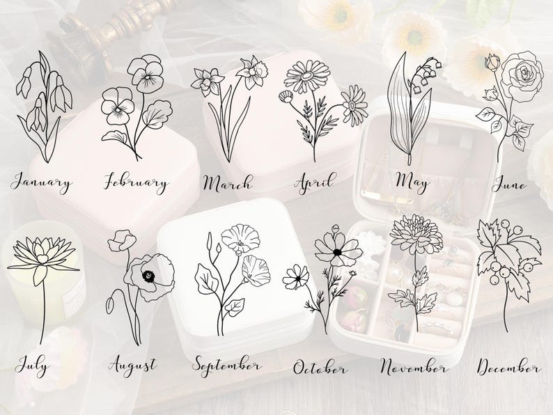 May include: A set of 12 black and white line drawings of flowers, each representing a different month of the year. The drawings are arranged in a grid pattern on a white background. The months are labeled below each drawing.