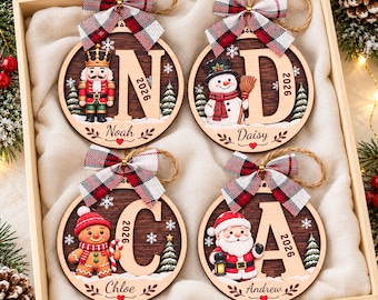 Personalized Wooden Christmas Ornament, Custom A-Z Initial Name Christmas Decoration, Christmas Tree Decor, Family Christmas Gift Tag