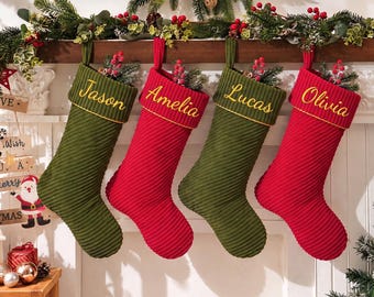 Personalized Christmas Stocking, Custom Embroidered Name Stocking, Corduroy Rustic Christmas Stocking, Family Holiday Decor