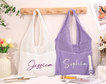 Personalized Crochet Beach Bag: Custom Embroidered Tote Bags, Bridesmaid Gift, Bachelorette Party Favors