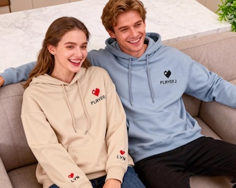 Personalized Embroidered Heart Hoodie, Custom Couple Sweatshirt, Matching Valentines Outfit, Anniversary Gift, Couple's Sweatshirt