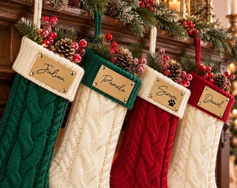 Personalized Knit Christmas Stocking, Custom Name Leather Patch Stocking, Rustic Christmas Mantel Decor, Family Holiday Stockings
