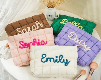 Personalized Quilted Makeup Bag, Custom Cosmetic Pouch, Puffer Toiletry Bag, Bridesmaid Gift for Her