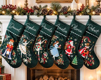 Nutcracker Christmas Stocking, Personalized Embroidered Stocking, Dark Green Velvet Holiday Decor, Custom Name Gift