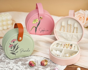 Personalized Travel Jewelry Case, Birth Flower Design, Bridesmaid Gift